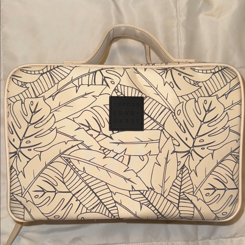 Cream Makeup Toiletry Bag with Artistic Leaf Design